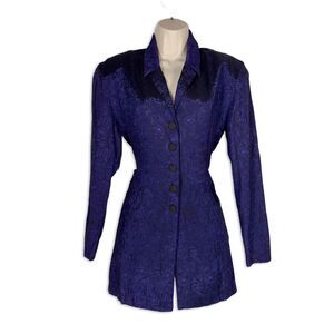 Vintage Sarah Taylor Purple Paisley Jacquard Long Blazer Jacket Small 80s 90s